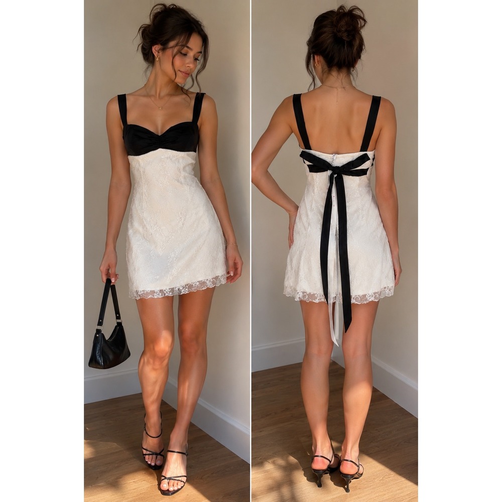 Lucy In The Sky Black White Lace Mini Dress Back Bow Sweetheart Neck Small
